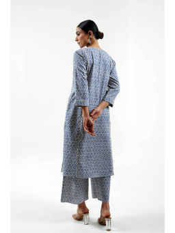 Cyan - Blue Block Print Pants with Lace Work