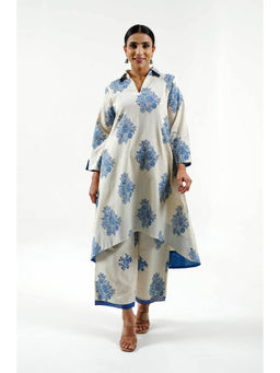 Cyan - Blue Block Print Cotton Linen Collar Kurta