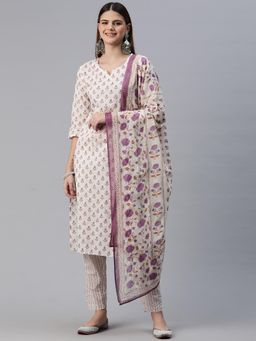 Readiprint - Women Lavender Floral Printed Kurta with Pant and Dupatta (Set of 3)