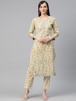 Readiprint - Women Cream Floral Printed Kurta with Pant (Set of 2)