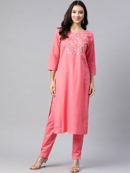 Readiprint - Women Pink Embroidered Kurta with Pant (Set of 2)