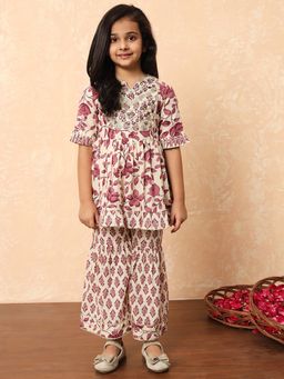 Readiprint - Girls Purple Floral Printed Frock Style Kurti with Sharara (Set of 2)