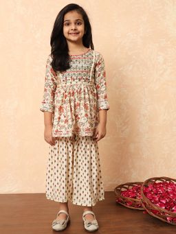 Readiprint - Girls Cream Floral Printed Frock Style Kurti with Sharara (Set of 2)