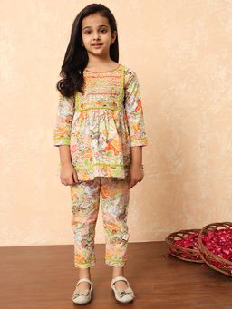 Readiprint - Girls Multi-Color Floral Printed Frock Style Kurti with Pant (Set of 2)