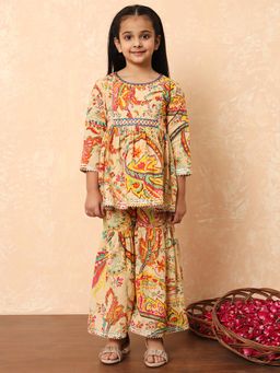 Readiprint - Girls Beige Floral Printed Frock Style Kurti with Sharara (Set of 2)