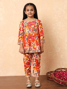 Readiprint - Girls Orange Printed Frock Style Kurti with Pant (Set of 2)