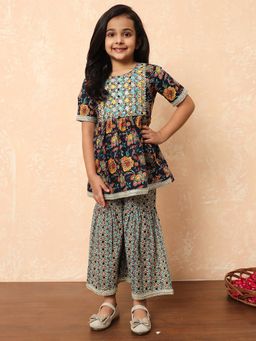 Readiprint - Girls Navy Blue Floral Printed Frock Style Kurti with Sharara (Set of 2)