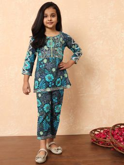 Readiprint - Girls Blue Floral Printed Kurti with Pant (Set of 2)