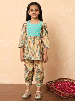 Readiprint - Girls Beige Floral Printed Frock Style Kurti with Harem Pant (Set of 2)