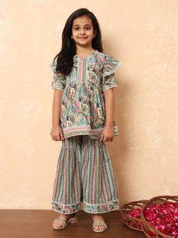 Readiprint - Girls Multi-Color Paisley Printed Frock Style Kurti with Sharara (Set of 2)