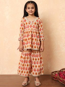 Readiprint - Girls Cream Printed Frock Style Kurti with Sharara (Set of 2)