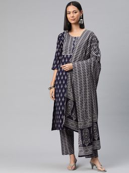 Readiprint - Women Navy Blue Printed Kurta with Pant and Dupatta (Set of 3)