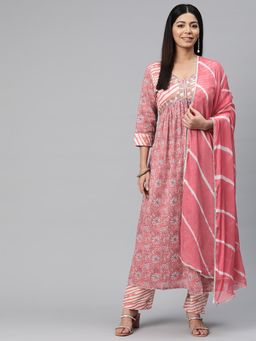 Readiprint - Women Pink Floral Printed Anarkali Kurta with Pant and Dupatta (Set of 3)