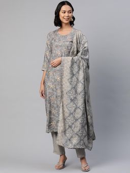 Readiprint - Women Grey Floral Printed Kurta with Pant and Dupatta (Set of 3)