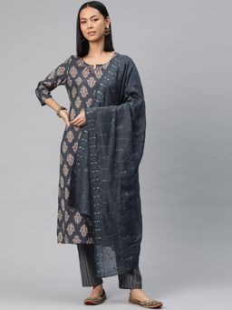 Readiprint - Women Grey Floral Printed Kurta with Pant and Dupatta (Set of 3)