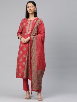 Readiprint - Women Red Floral Printed Kurta with Pant and Dupatta (Set of 3)
