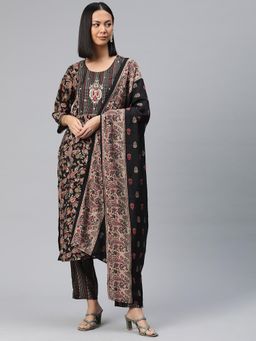 Readiprint - Women Black Floral Printed Kurta with Pant and Dupatta (Set of 3)