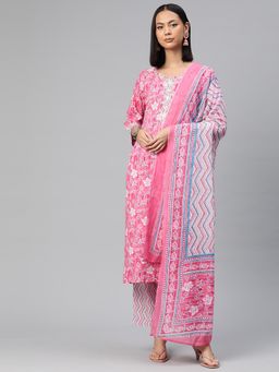 Readiprint - Women Pink Floral Printed Kurta with Pant and Dupatta (Set of 3)