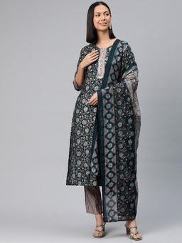 Readiprint - Women Green Floral Printed Kurta with Pant and Dupatta (Set of 3)