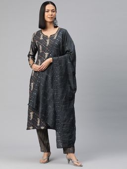 Readiprint - Women Grey Printed Kurta with Pant and Dupatta (Set of 3)