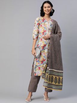 Readiprint - Women Yellow Floral Printed Kurta with Pant and Dupatta (Set of 3)
