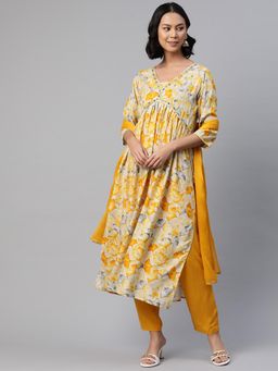 Readiprint - Women Mustard Printed Kurta with Pant and Dupatta (Set of 3)