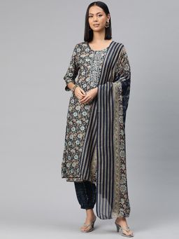Readiprint - Women Navy Blue Floral Printed Kurta with Salwar and Dupatta (Set of 3)