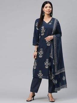 Readiprint - Women Navy Blue Floral Printed Kurta with Pant and Dupatta (Set of 3)