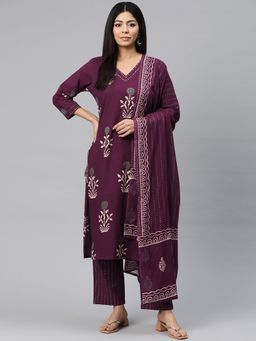 Readiprint - Women Purple Floral Printed Kurta with Pant and Dupatta (Set of 3)