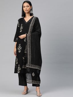 Readiprint - Women Black Floral Printed Kurta with Pant and Dupatta (Set of 3)
