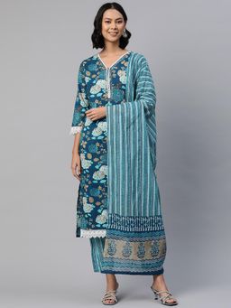 Readiprint - Women Blue Floral Printed Kurta with Pant and Dupatta (Set of 3)