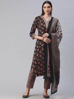 Readiprint - Women Black Floral Printed Kurta with Pant and Dupatta (Set of 3)