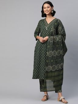 Readiprint - Women Green Floral Printed Kurta with Pant and Dupatta (Set of 3)