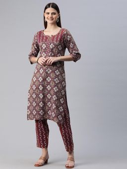 Readiprint - Women Maroon Printed Kurta with Pant (Set of 2)