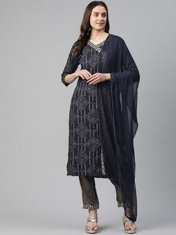 Readiprint - Women Navy Blue Embellished/Sequined Kurta with Pant and Dupatta (Set of 3)