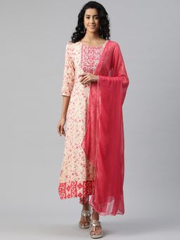 Readiprint - Women Pink Printed Anarkali Kurta with Pant and Dupatta (Set of 3)