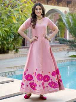 Rustorange - Baby Pink V Neck Dress with Gota Details