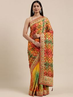 Vastranand - Multicoloured Bandhani Gotta Patti Bandhani Saree with Unstitched Blouse