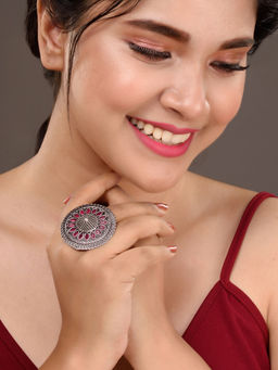 Saraf RS Jewellery - Oxidised Silver Plated Pink Stone Studded Finger Ring