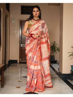 Mayurie - Bhavi Chanderi Batik Print Saree with Unstitched Blouse, Peach
