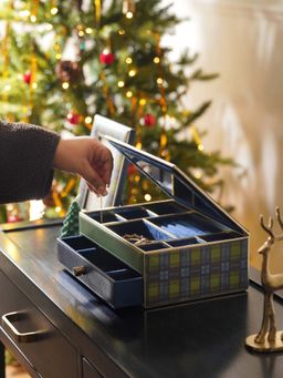 Pure Home + Living - Green Blue Plaid Faux Leather Jewellery Organiser