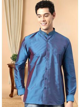 TATTVA - Blue Men's Regular Fit Solid Mandarin Collar Festive Shirt