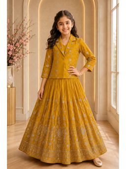 Lagorii - Mustard Embroidered Jacket with Choli & Lehenga