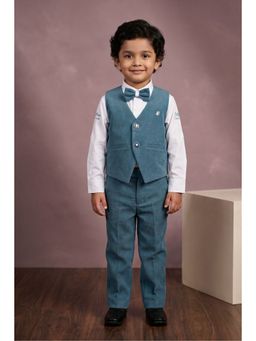 Lagorii - Boys Dusty Blue Solid Waistcoat with Shirt & Pant, Bow Tie