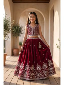 Lagorii - Maroon Embroidered Lehenga with Choli & Dupatta