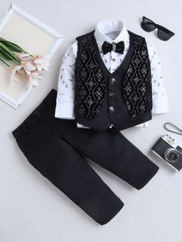 FOURFOLDS - Boys Black Velvet Diamond Embroidered Sequined 3 Piece Suit Set With Bowtie