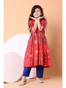 The Cotton Staple - Lava Red Floral Print Anarkali with Pant