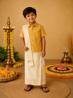 The Little Tales - Mustard Foil Printed Shirt with Lungi and Patka