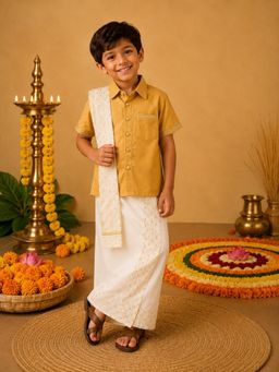 The Little Tales - Beige Foil Printed Shirt with Lungi and Patka