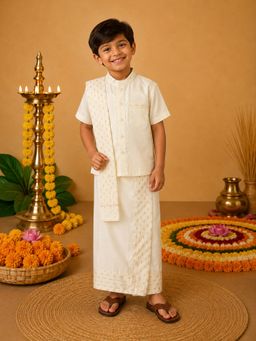 The Little Tales - Off white Foil Printed Shirt with Lungi and Patka